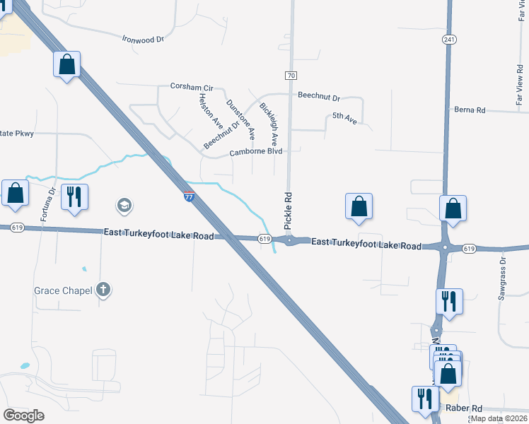 map of restaurants, bars, coffee shops, grocery stores, and more near 1329 East Turkeyfoot Lake Road in Akron