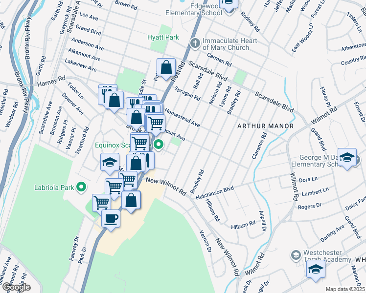 map of restaurants, bars, coffee shops, grocery stores, and more near 80 Webster Road in Scarsdale