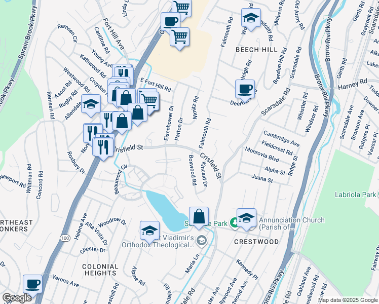 map of restaurants, bars, coffee shops, grocery stores, and more near 134 Crisfield Street in Yonkers