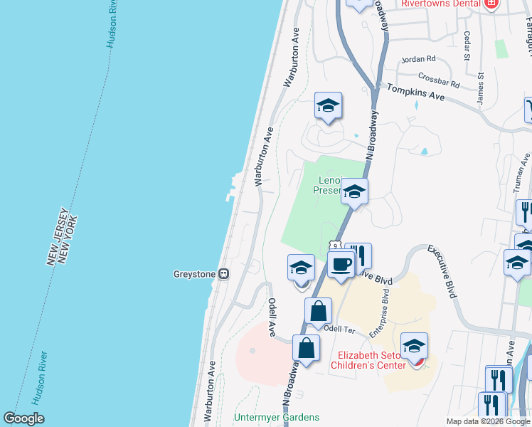 map of restaurants, bars, coffee shops, grocery stores, and more near 1120 Warburton Avenue in Yonkers