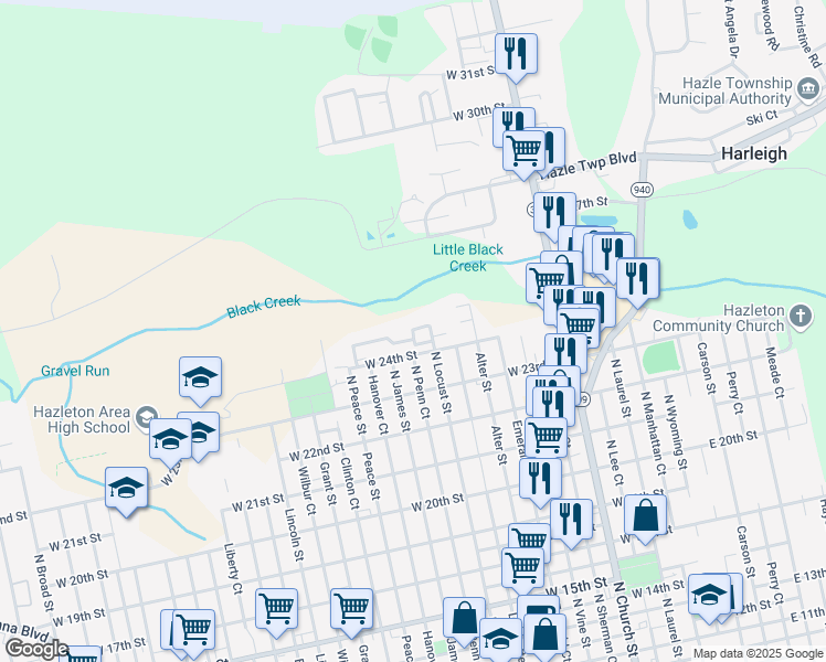 map of restaurants, bars, coffee shops, grocery stores, and more near 720 Hazleton Apartment in Hazleton