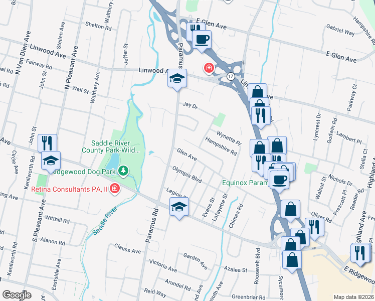 map of restaurants, bars, coffee shops, grocery stores, and more near 101 Glen Avenue in Paramus