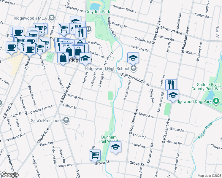 map of restaurants, bars, coffee shops, grocery stores, and more near 125 Southern Parkway in Ridgewood