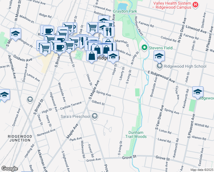 map of restaurants, bars, coffee shops, grocery stores, and more near 154 Hope St in Ridgewood
