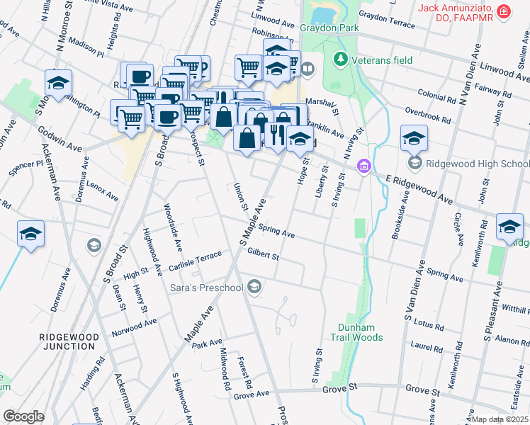 map of restaurants, bars, coffee shops, grocery stores, and more near 155 South Maple Avenue in Ridgewood
