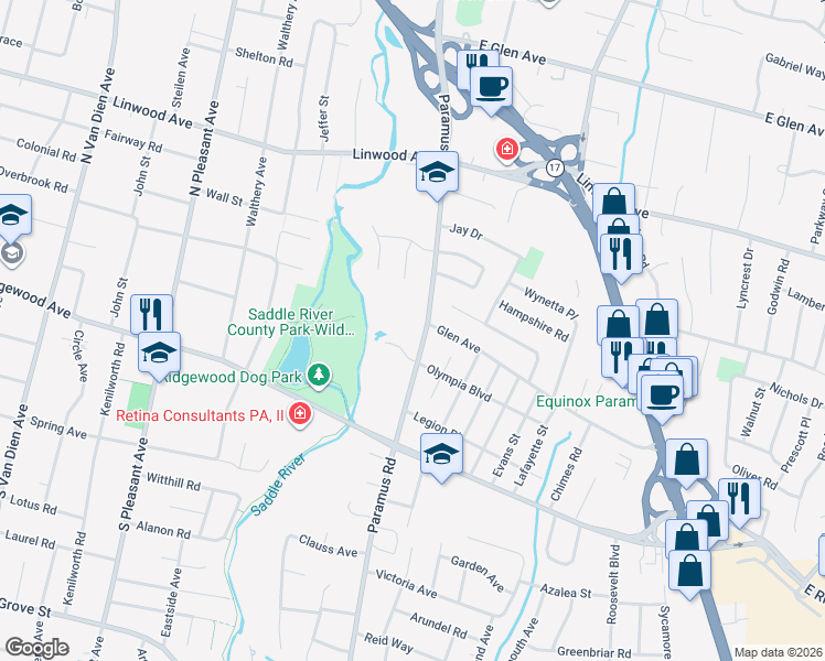 map of restaurants, bars, coffee shops, grocery stores, and more near 727 Paramus Road in Paramus
