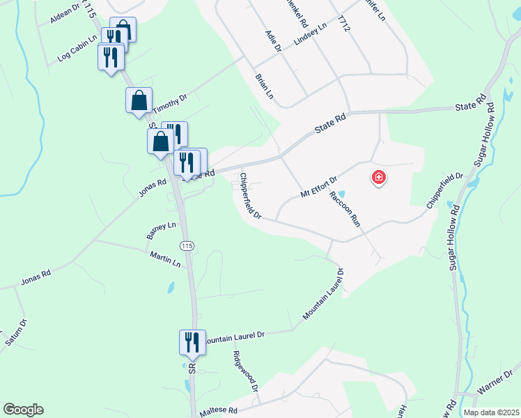 map of restaurants, bars, coffee shops, grocery stores, and more near 131 Chipperfield Drive in Effort