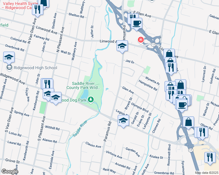map of restaurants, bars, coffee shops, grocery stores, and more near 143 Emerald Court in Paramus