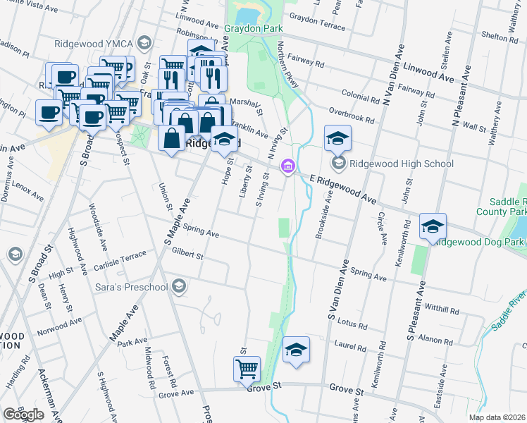 map of restaurants, bars, coffee shops, grocery stores, and more near 131 South Irving Street in Ridgewood