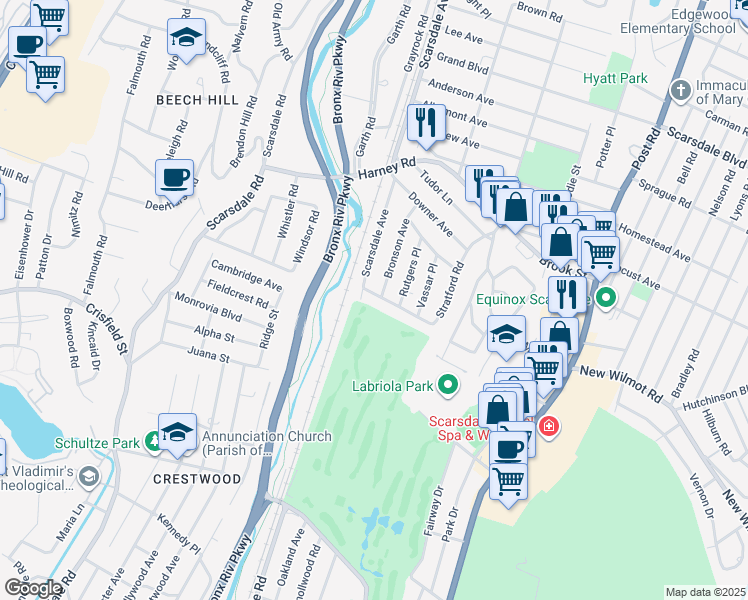 map of restaurants, bars, coffee shops, grocery stores, and more near 4 Stratford Road in Scarsdale