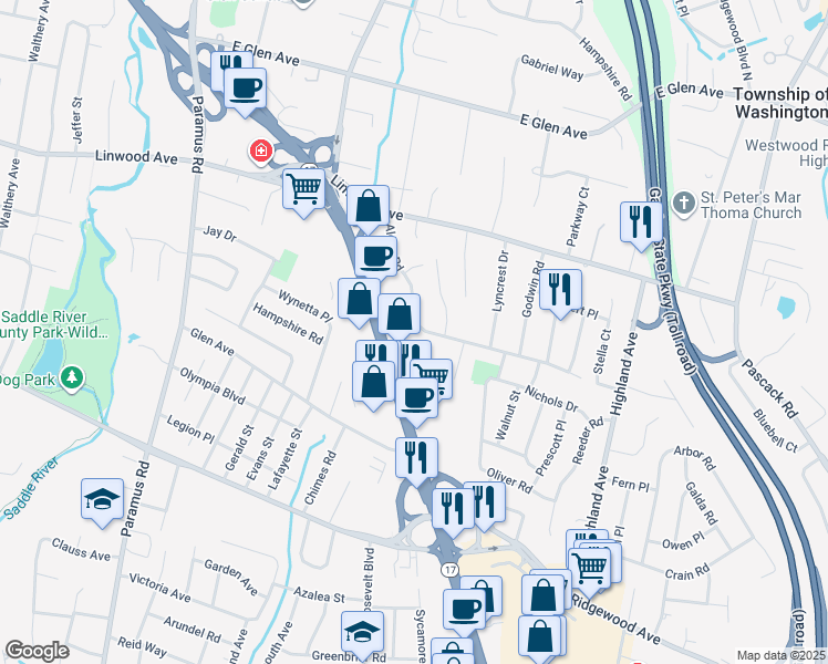 map of restaurants, bars, coffee shops, grocery stores, and more near 809 Alden Road in Paramus