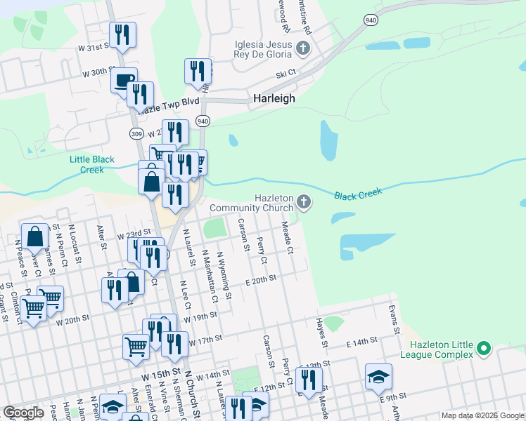 map of restaurants, bars, coffee shops, grocery stores, and more near 1043 Perry Court in Hazleton