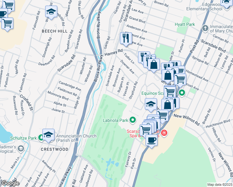 map of restaurants, bars, coffee shops, grocery stores, and more near 4 Stratford Road in Scarsdale