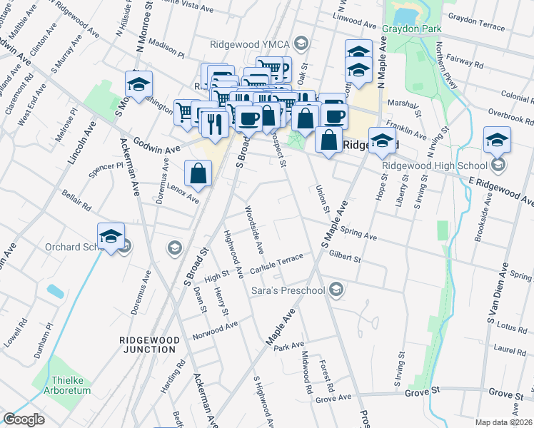 map of restaurants, bars, coffee shops, grocery stores, and more near 149 Foster Terrace in Ridgewood