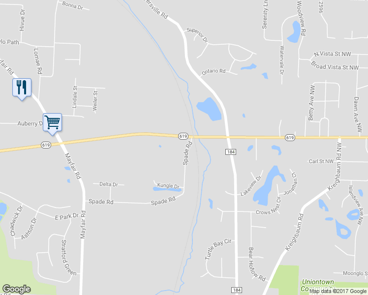 map of restaurants, bars, coffee shops, grocery stores, and more near 2741 Spade Road in Uniontown