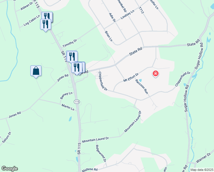 map of restaurants, bars, coffee shops, grocery stores, and more near 131 Chipperfield Drive in Effort
