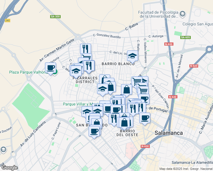 map of restaurants, bars, coffee shops, grocery stores, and more near 17 Calle Almenara in Salamanca