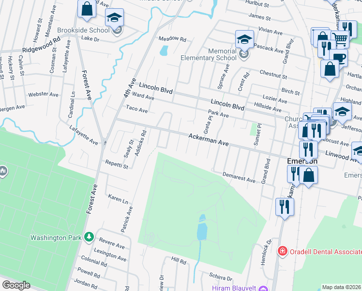 map of restaurants, bars, coffee shops, grocery stores, and more near 11 Erie Ave in Emerson