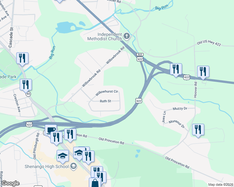 map of restaurants, bars, coffee shops, grocery stores, and more near 2530 Willowhurst Circle in New Castle