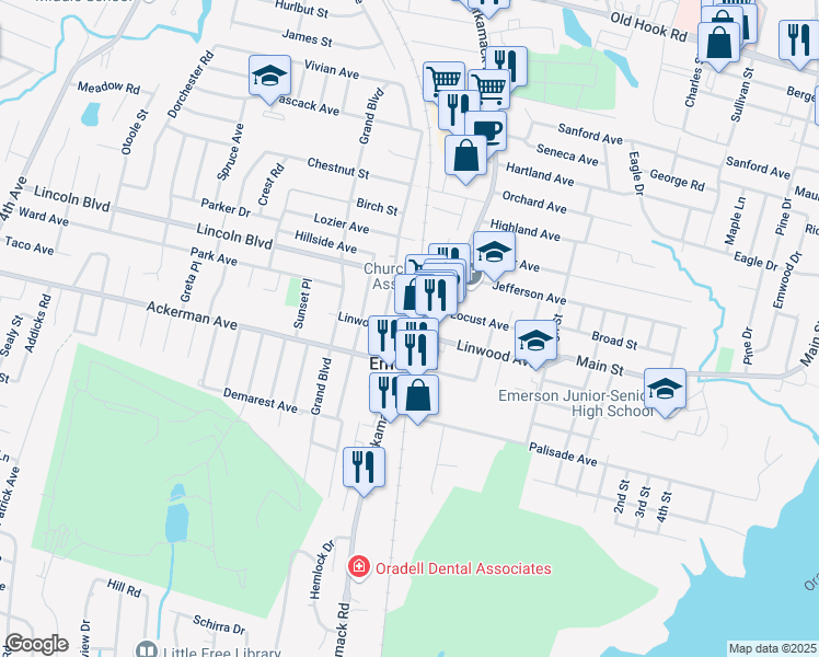 map of restaurants, bars, coffee shops, grocery stores, and more near in Emerson