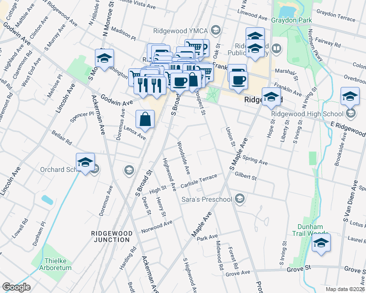 map of restaurants, bars, coffee shops, grocery stores, and more near 206 Woodside Avenue in Ridgewood