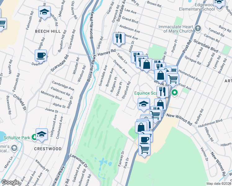 map of restaurants, bars, coffee shops, grocery stores, and more near 5 Vassar Place in Scarsdale