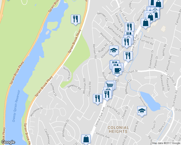 map of restaurants, bars, coffee shops, grocery stores, and more near 185 Concord Road in Yonkers