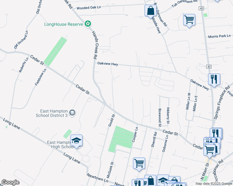 map of restaurants, bars, coffee shops, grocery stores, and more near 4 Old Hedges Lane in East Hampton