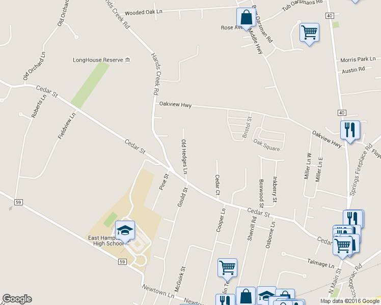 map of restaurants, bars, coffee shops, grocery stores, and more near 4 Old Hedges Lane in East Hampton