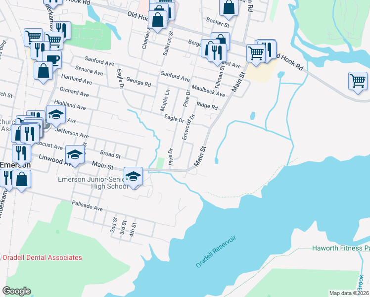 map of restaurants, bars, coffee shops, grocery stores, and more near 37 Emwood Drive in Emerson