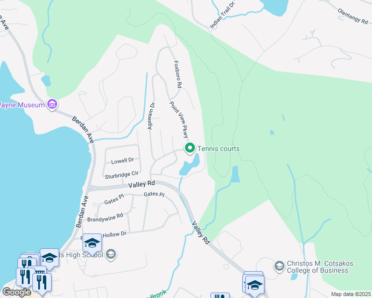 map of restaurants, bars, coffee shops, grocery stores, and more near 55 Point View Parkway in Wayne