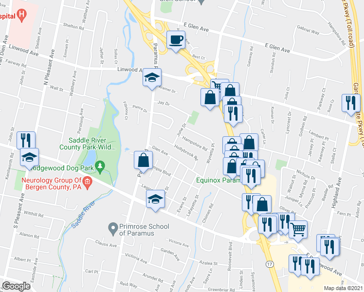 map of restaurants, bars, coffee shops, grocery stores, and more near 35 Hollybrook Road in Paramus