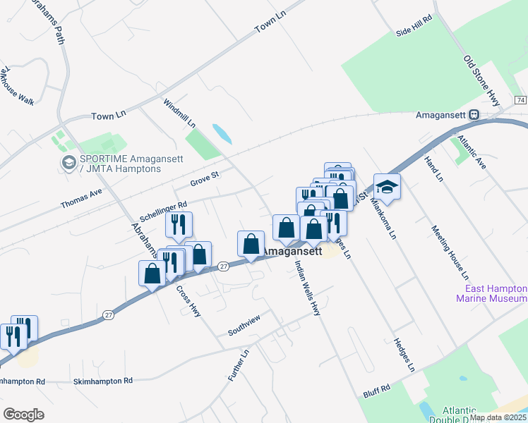 map of restaurants, bars, coffee shops, grocery stores, and more near 45 Windmill Lane in East Hampton
