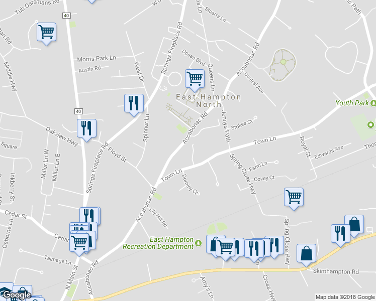 map of restaurants, bars, coffee shops, grocery stores, and more near 5 Pine Close in East Hampton