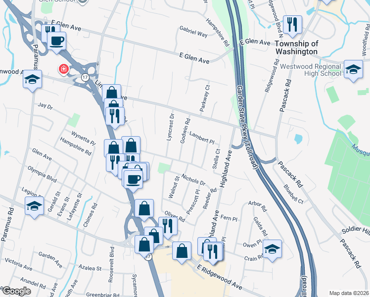 map of restaurants, bars, coffee shops, grocery stores, and more near 798 Godwin Road in Paramus
