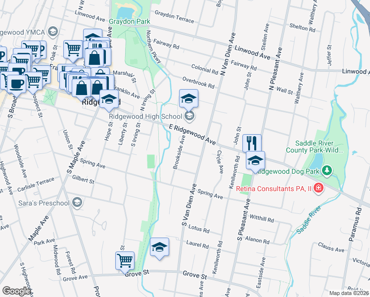map of restaurants, bars, coffee shops, grocery stores, and more near 33 Brookside Avenue in Ridgewood
