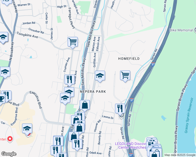map of restaurants, bars, coffee shops, grocery stores, and more near 1194 New York 9A in Yonkers