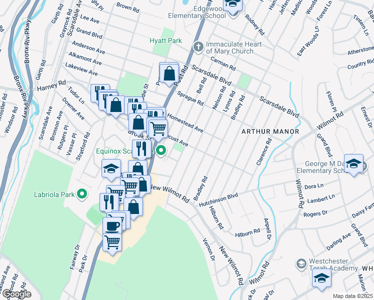 map of restaurants, bars, coffee shops, grocery stores, and more near 80 Webster Road in Scarsdale