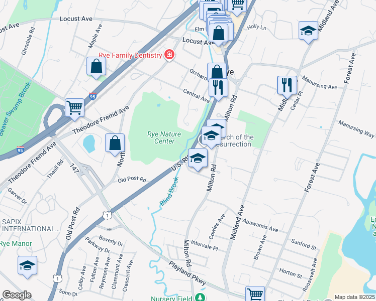 map of restaurants, bars, coffee shops, grocery stores, and more near 873 Boston Post Road in Rye