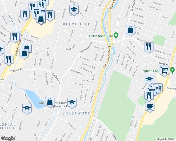 map of restaurants, bars, coffee shops, grocery stores, and more near 43 Fieldcrest Road in Yonkers