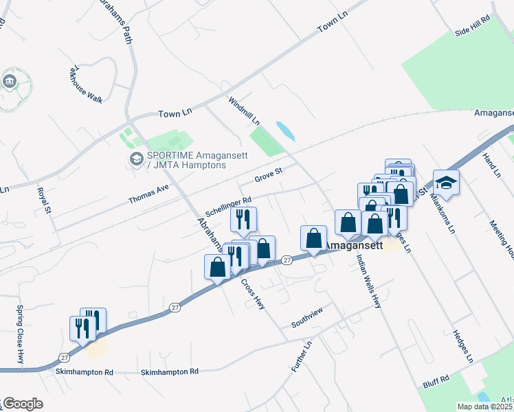 map of restaurants, bars, coffee shops, grocery stores, and more near 76 Oak Lane in Amagansett