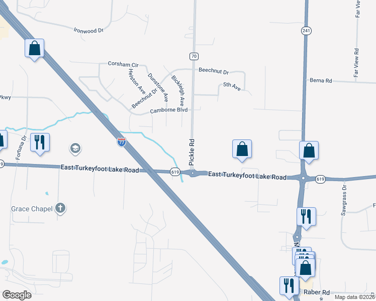 map of restaurants, bars, coffee shops, grocery stores, and more near 3246 Pickle Road in Akron
