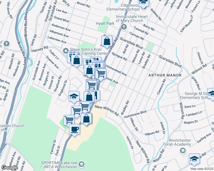 map of restaurants, bars, coffee shops, grocery stores, and more near 67 Bell Road in Scarsdale