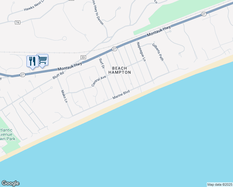 map of restaurants, bars, coffee shops, grocery stores, and more near 89 Surf Drive in Amagansett