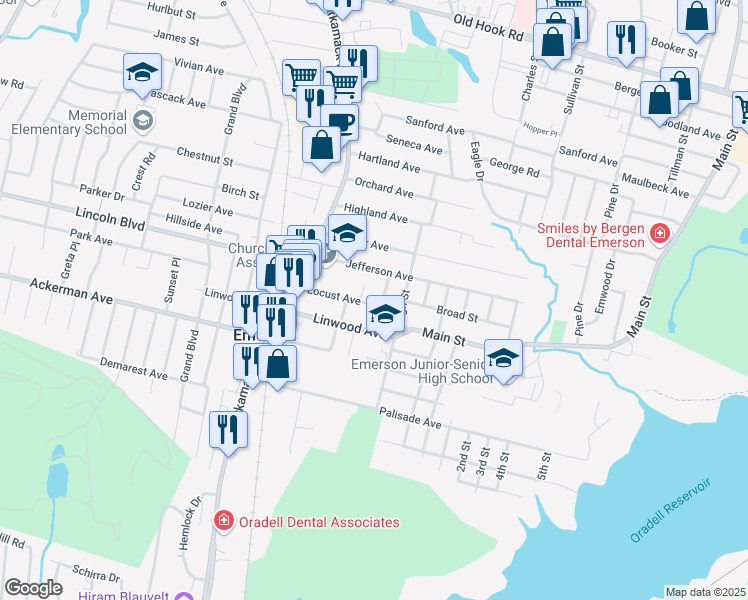 map of restaurants, bars, coffee shops, grocery stores, and more near 74 Locust Avenue in Emerson