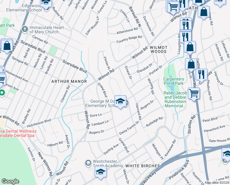 map of restaurants, bars, coffee shops, grocery stores, and more near 62 Wilmot Circle in Scarsdale