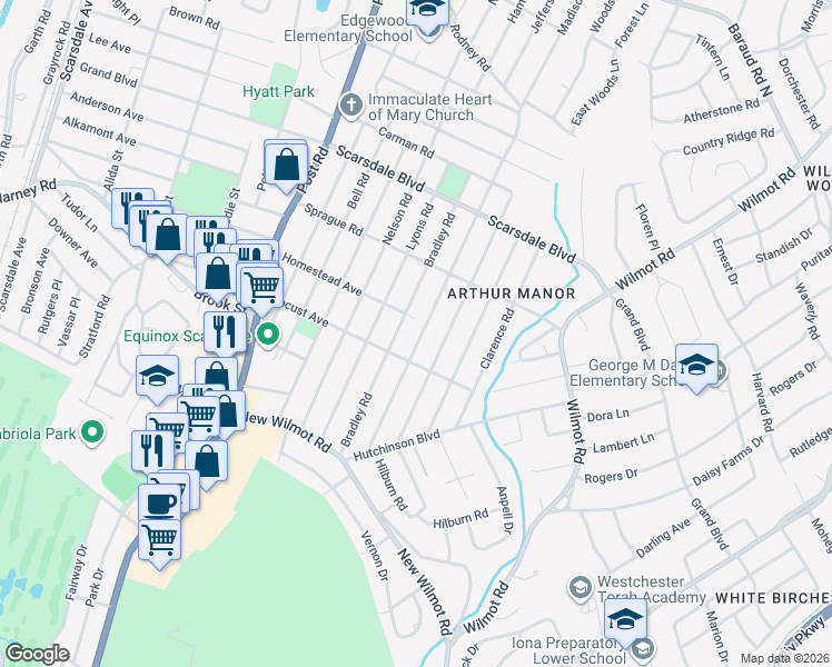 map of restaurants, bars, coffee shops, grocery stores, and more near 106 Bradley Road in Scarsdale