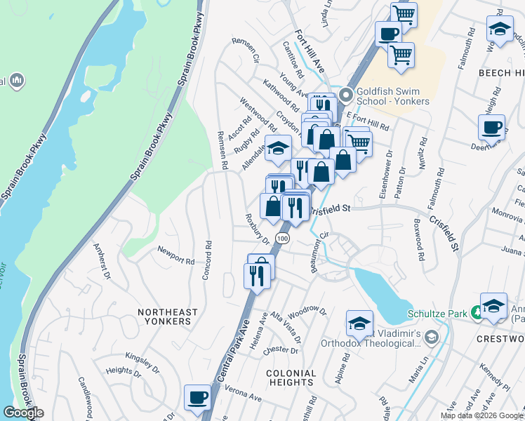 map of restaurants, bars, coffee shops, grocery stores, and more near 24 Norwood Road in Yonkers