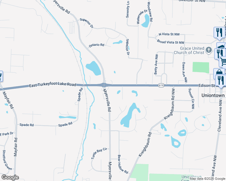 map of restaurants, bars, coffee shops, grocery stores, and more near 3393 Myersville Road in Uniontown