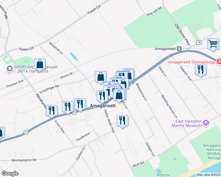 map of restaurants, bars, coffee shops, grocery stores, and more near 185 Montauk Boulevard in East Hampton